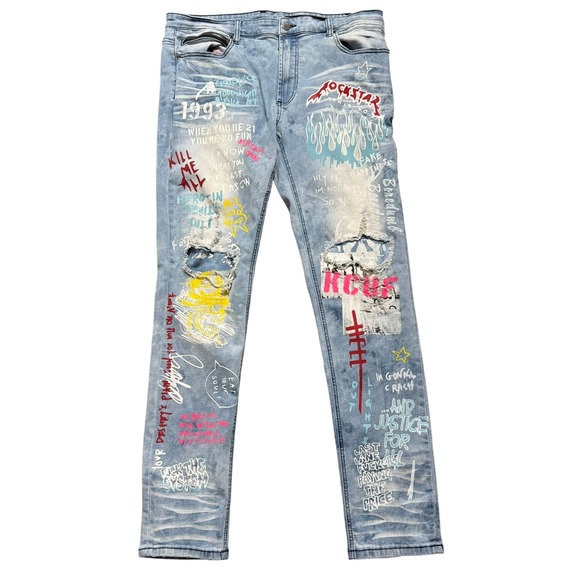 ROCKSTAR ORIGINAL Men 38 Ultra Slim Koontz Jeans Graffiti Print Distressed Denim - Picture 1 of 12